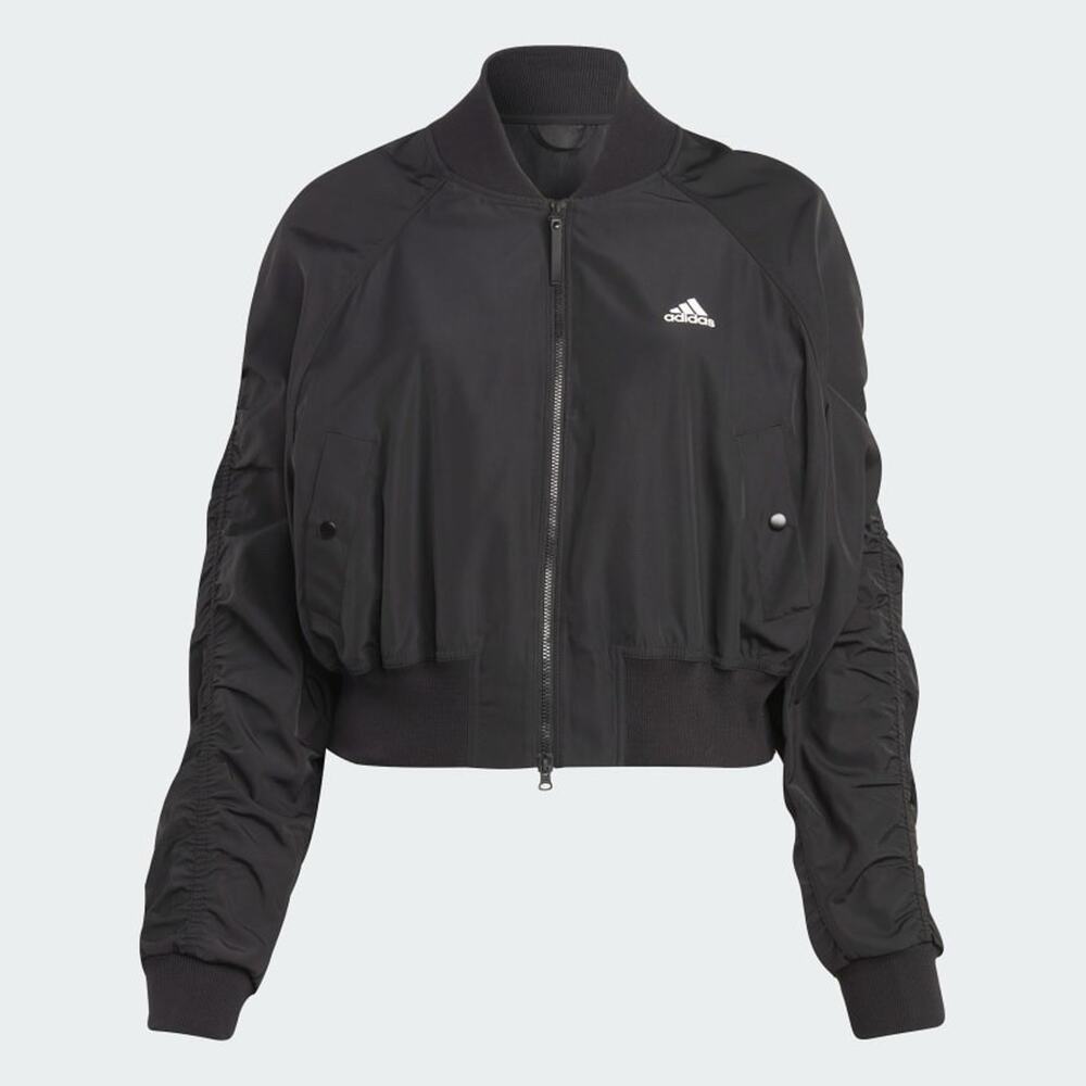 ADIDAS Collective Power Black Cropped Bomber Jacket Ruched Sleeves M